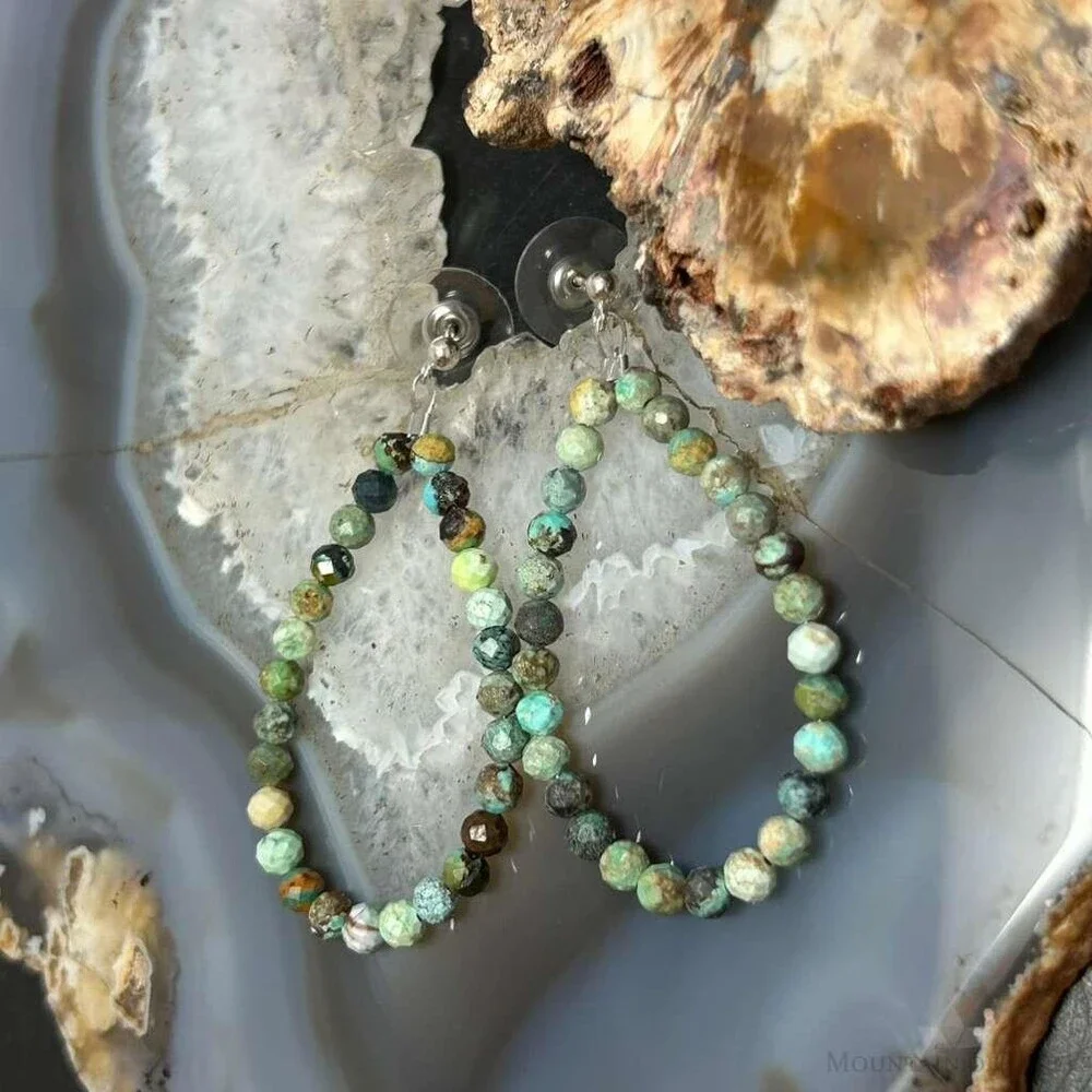 Sterling Silver Faceted Hubei Turquoise Beads Hoop Earrings For Women